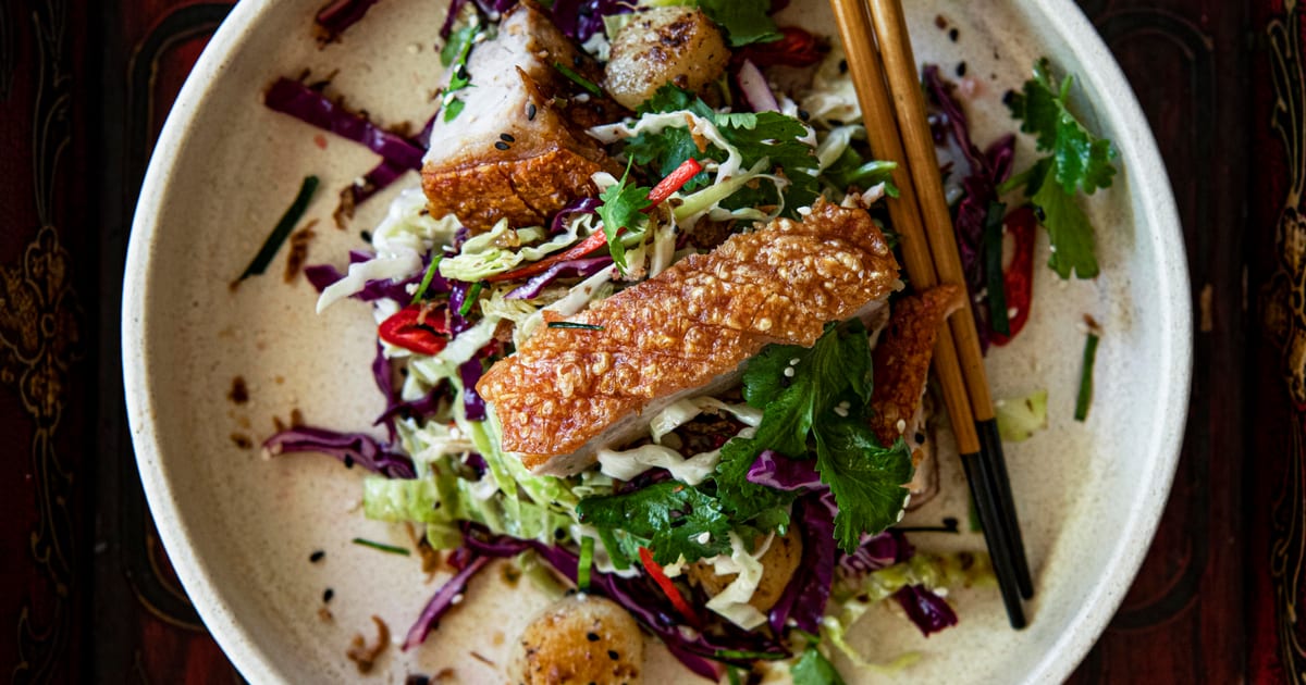 Thermomix recipe: Scallop and Crispy Pork Belly Salad | Tenina.com