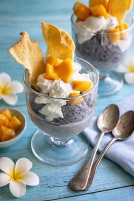 Blacky Sticky Rice Ice Cream Sundae with fresh mango