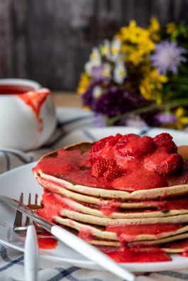 Champagne Pancakes with Roasted Cinnamon Strawberries