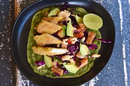 Fish Tacos Spinach Tortillas Grilled Pineapple Slaw And Chipotle Cream