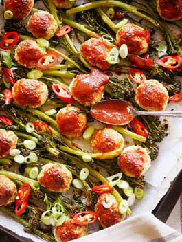 Japanese Chicken Meatballs with Charred Brocollini P Thermomix