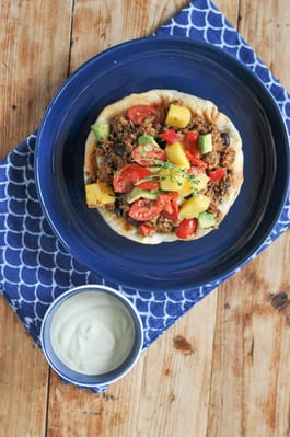 Jerk Pork and Black Bean Tostadas with Mango Avocado Salsa