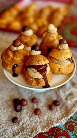 Profiteroles with Espresso Cream and Salted Barley Caramel