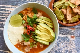 White Chicken Chili with Fried Tortilla Strips