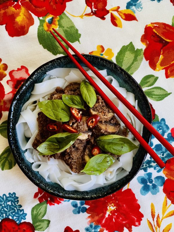 Beef Chilli Basil with fresh rice noodles